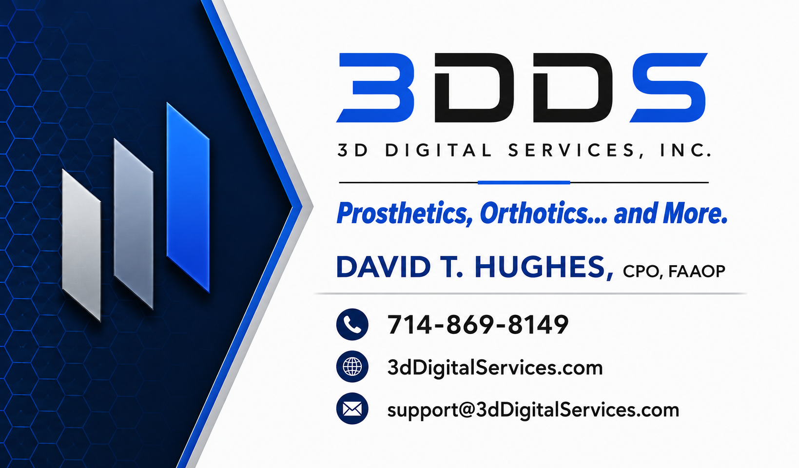 3D Digital Services business card — David T. Hughes, CPO, FAAOP